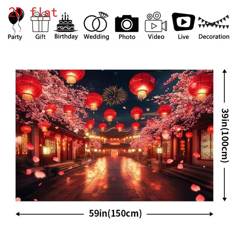 2D Lunar New Year Photography Backdrop with Traditional Architecture and Fireworks