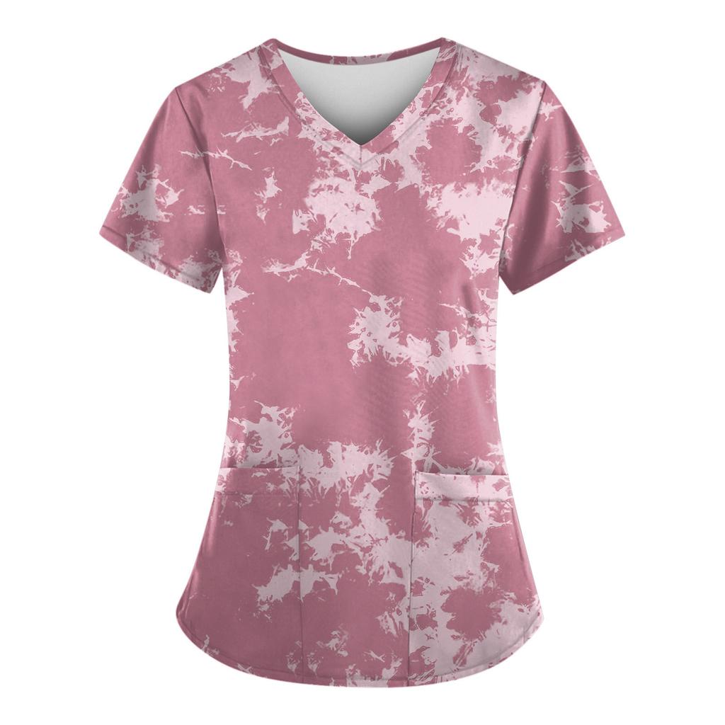 Women's Fashion V-neck Short Sleeve Workwear With Pockets Printed Tops Summer Tops For Women