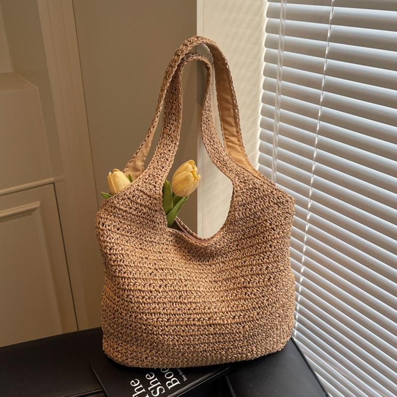 Yogodlns Large Straw Beach Bag with Zipper Summer Shoulder Bag Handbag Hobo Bag Shoulder Purse for Women Travel Vacation