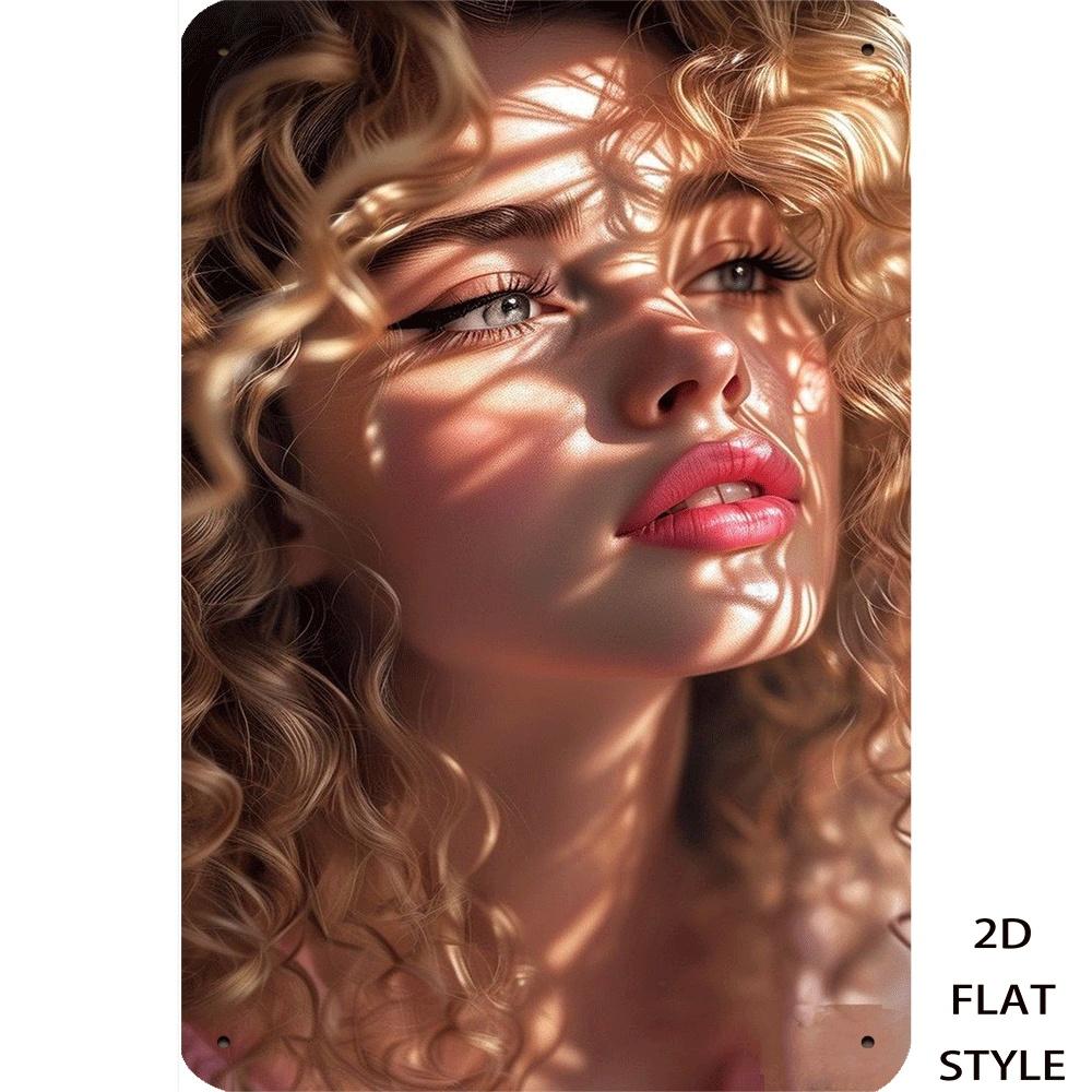 

Hisun Tin Sign HD Metal Tin Sign Stunning Curly Hair Girl with Sunlight Shadow Aesthetic Portrait Wall Art Decor 20x30cm