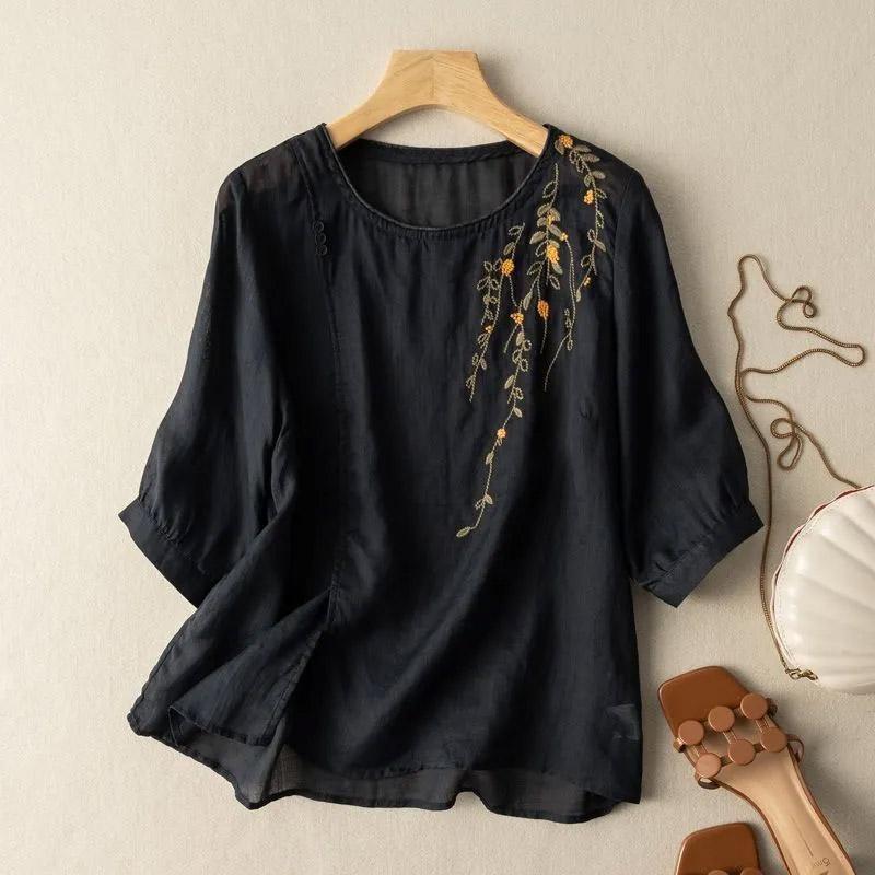 Cotton Short-sleeved Shirt Blouse Women Summer Retro Round Neck Loose Breathable Soft Fit Hemp T-shirt Tops