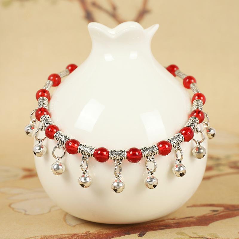 Red Woven Crystal Anklet with Nine Bells - Retro Ethnic Style Tibetan Silver Women's Foot Chain