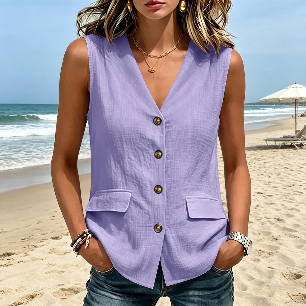 Women's Casual Button Front V Neck Sleeveless Vest Top Lightweight Summer Layering Shirt with Pockets and Relaxed Fit