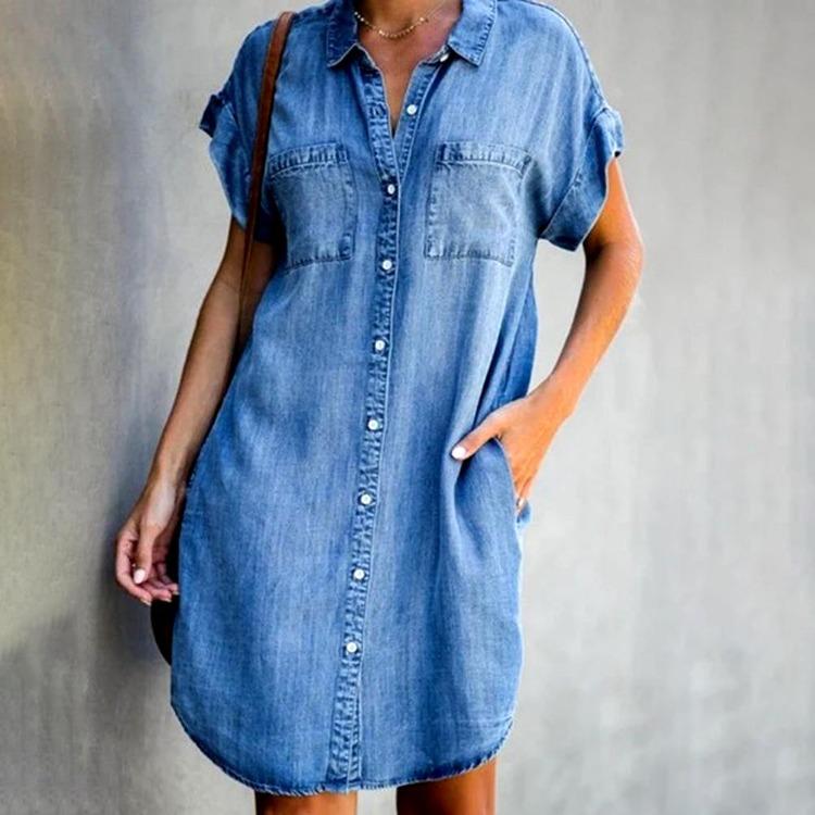 Women Plus Size Denim Dress Knee Length Loose Single Breasted Short Sleeve Irregular Hem Spring Summer Dresses with Pockets