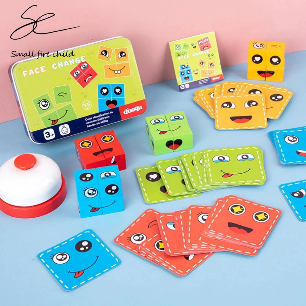 Wooden Face Changing Cube Toys Building Blocks For Cartoon Puzzle Montessori Jigsaw Kids Toy Educational Board Game Family Toys
