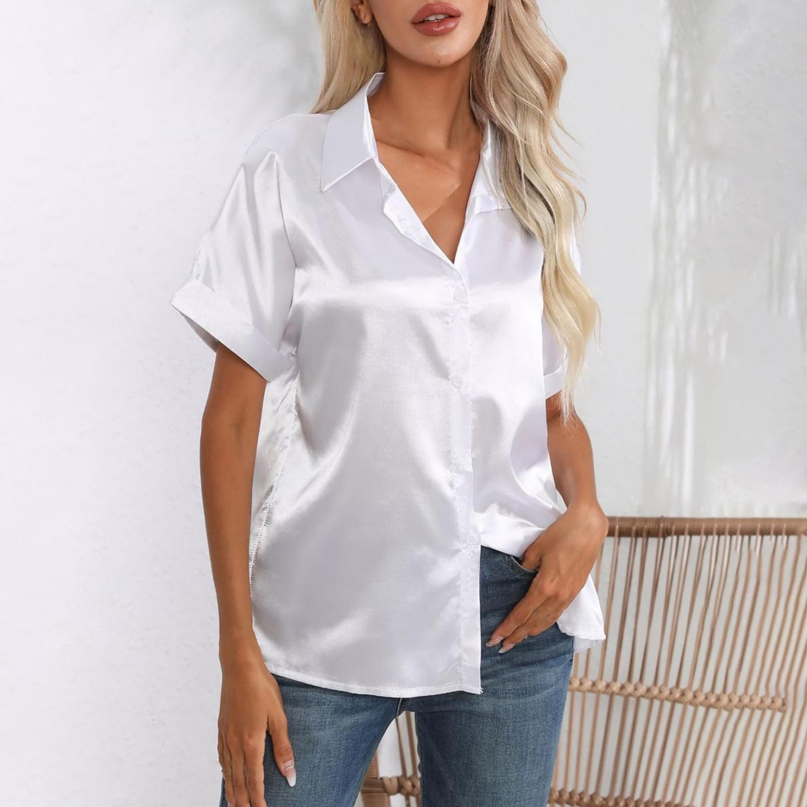 

Женская шелковая рубашка на пуговицах с имитацией искусственного шелка, повседневный свободный топ с короткими рукавами XL белый