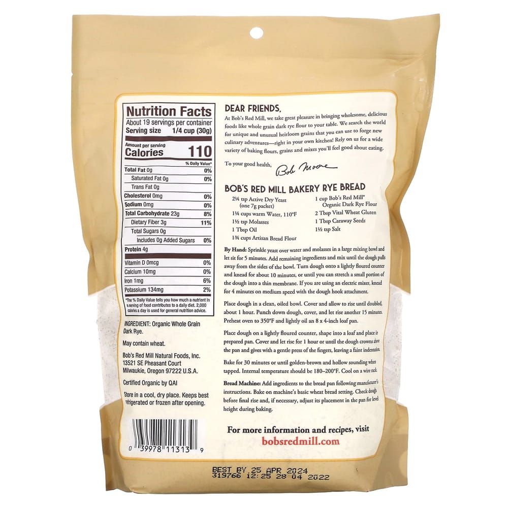 Bobs Red Mill Dark Rye Flour 20 oz (567 g)