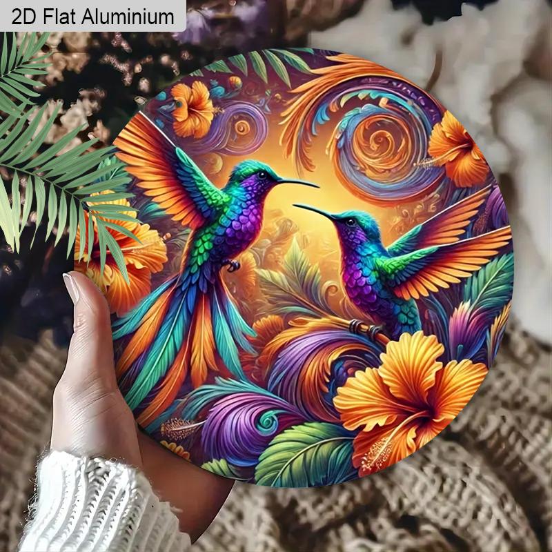 2D Flat 1pc Vintage Colorful Hummingbird Aluminum Sign Round Ornament, Home Office Garden Courtyard Living Room Balcony Decor, Indoor/Outdoor Door