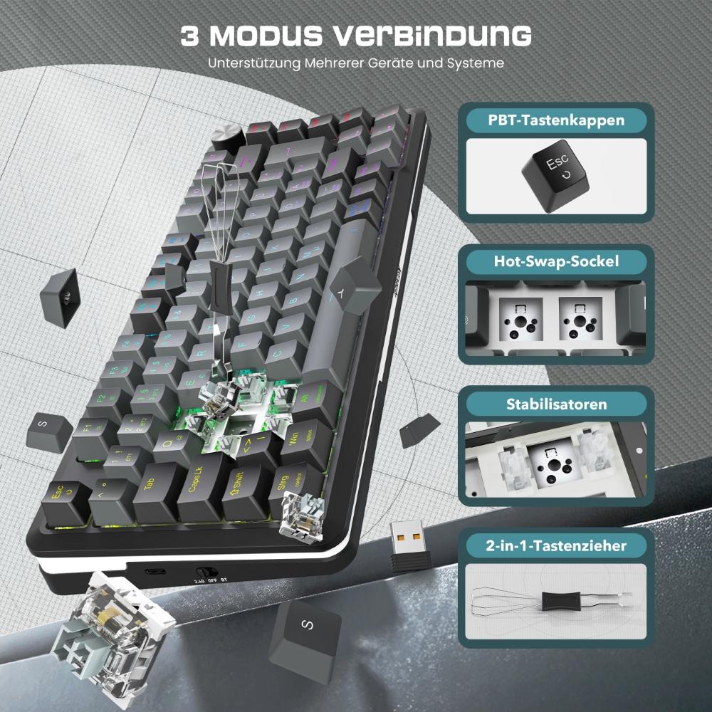 Redragon K681GB-PRO-DE Tri-mode Mechanical Keyboard, RGB Dragon Roar Switches, Hot-swappable, 4000mAh Battery, with Knob and Black/Gray Keycaps