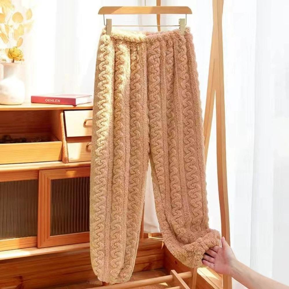 **Kadın Flanel Pijama Takımı Yuvarlak Yaka Jakarlı Uzun Peluş Kalın Sıcak Ev Giyimi**