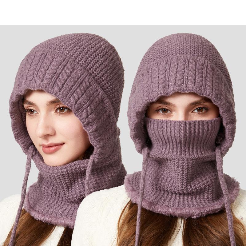 

Женская зимняя бархатная толстая теплая шапка-капюшон с защитой шеи и ушей, ветрозащитная, шерстяная, для велоспорта фиолетовый