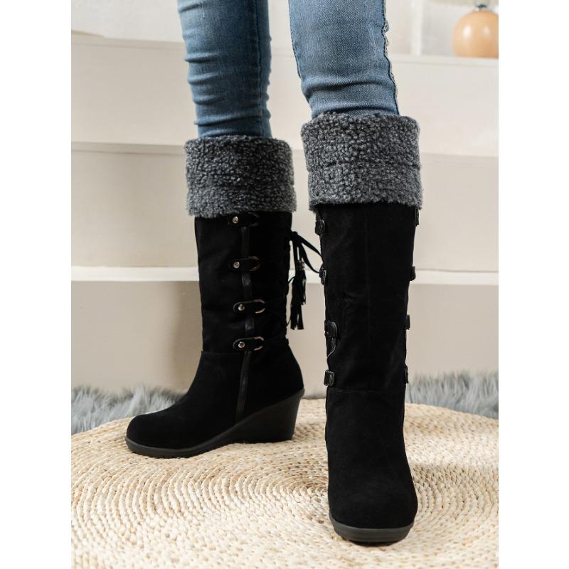 Flap Mao Mao Muffin Thick-soled High Boots Women's Autumn and Winter New Slope Heel Snow Boots Women's Warm Fringed Cotton Boots