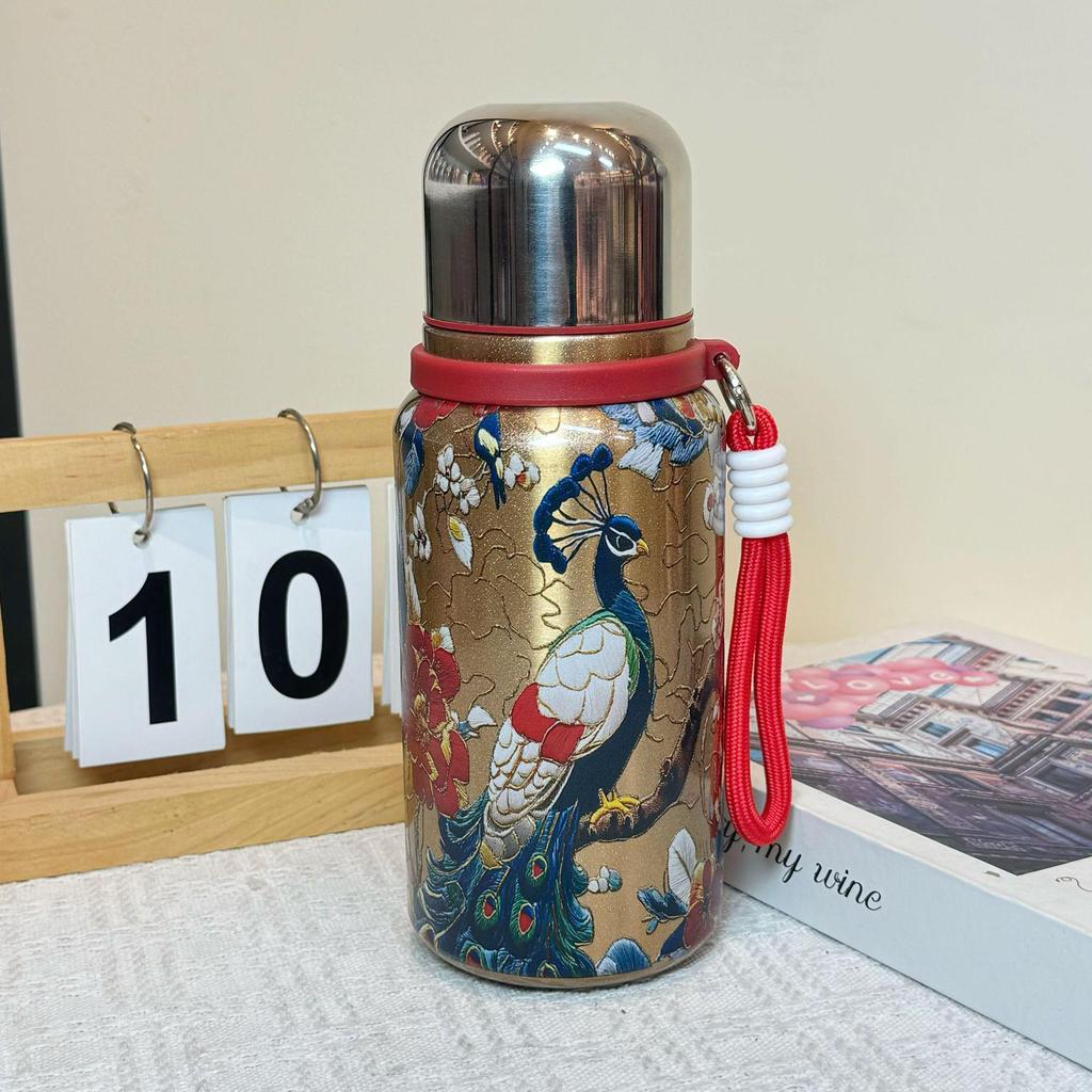 Large Capacity Rose Peony Retro Thermos Cup with Lanyard and Tea Separator