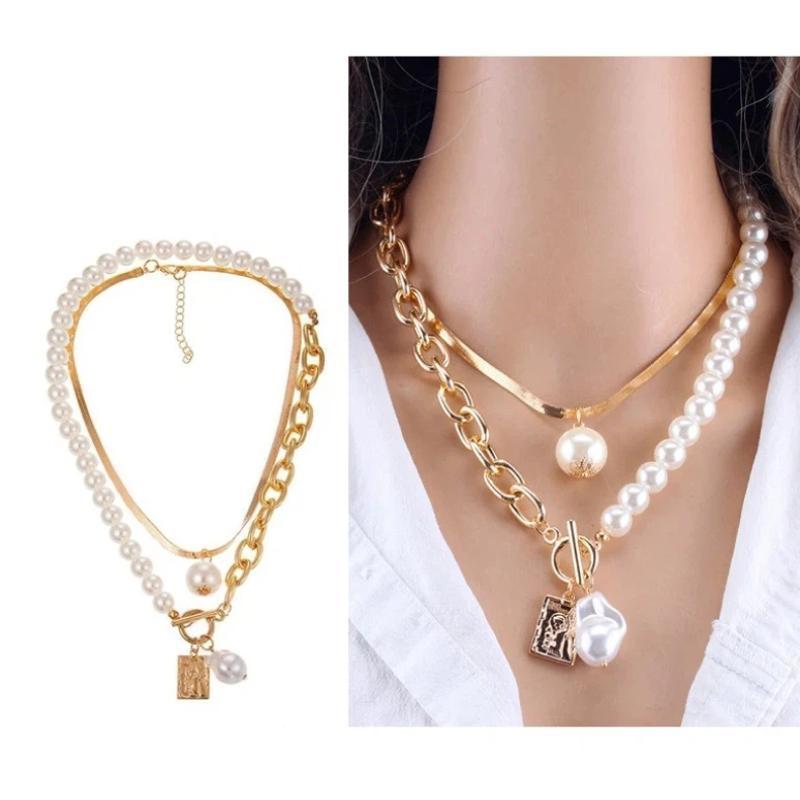 Fashion Alloy Pearl Splicing Stacked Necklace Retro Baroque Style Imitation Pearl Necklace Women's Elegant Square Necklace Set