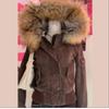 Autumn Winter Vintage Brown Short Hooded Jacket Women's Full Sleeve Slim Detachable Fur Collar Warm Female Y2k Outwears