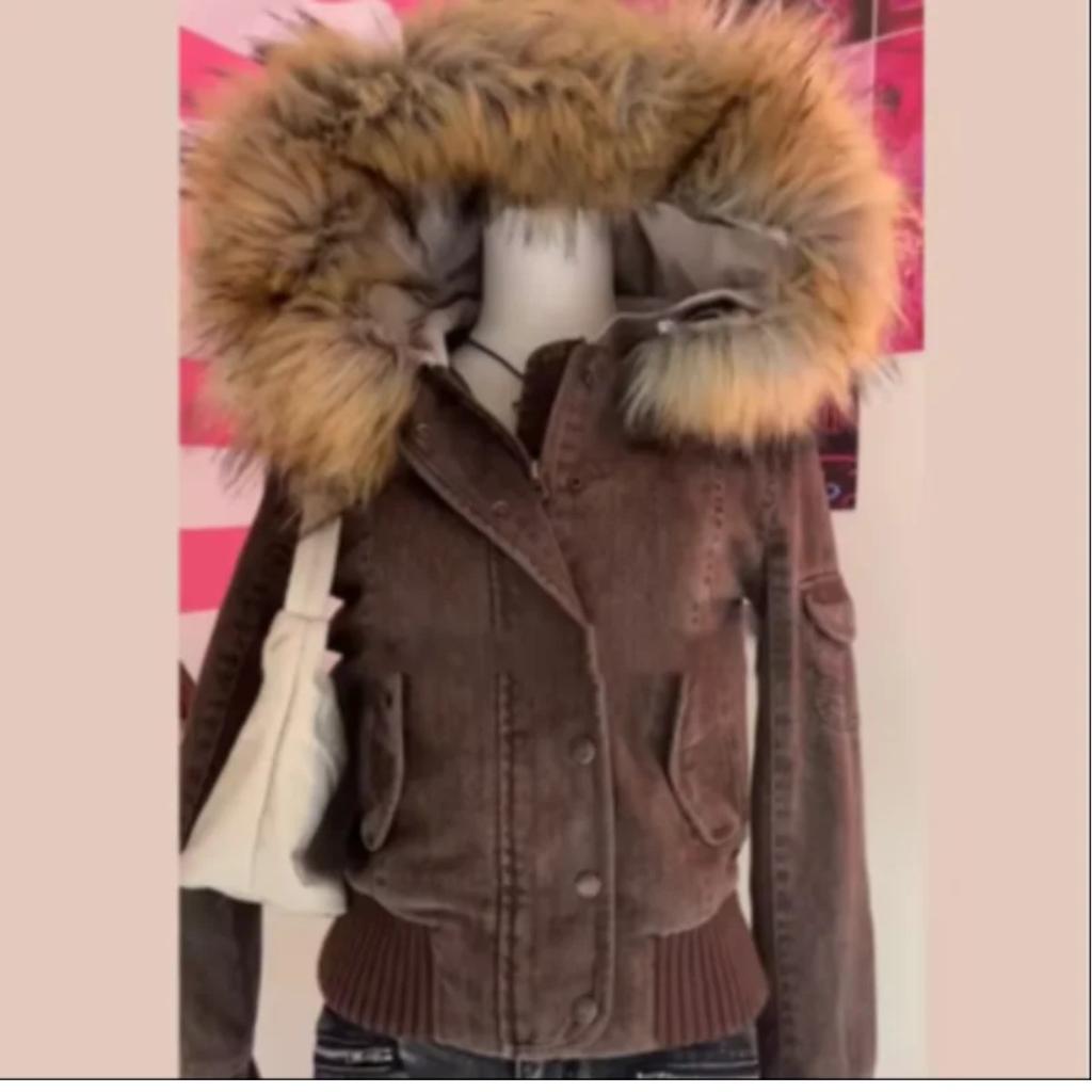 Autumn Winter Vintage Brown Short Hooded Jacket Women's Full Sleeve Slim Detachable Fur Collar Warm Female Y2k Outwears