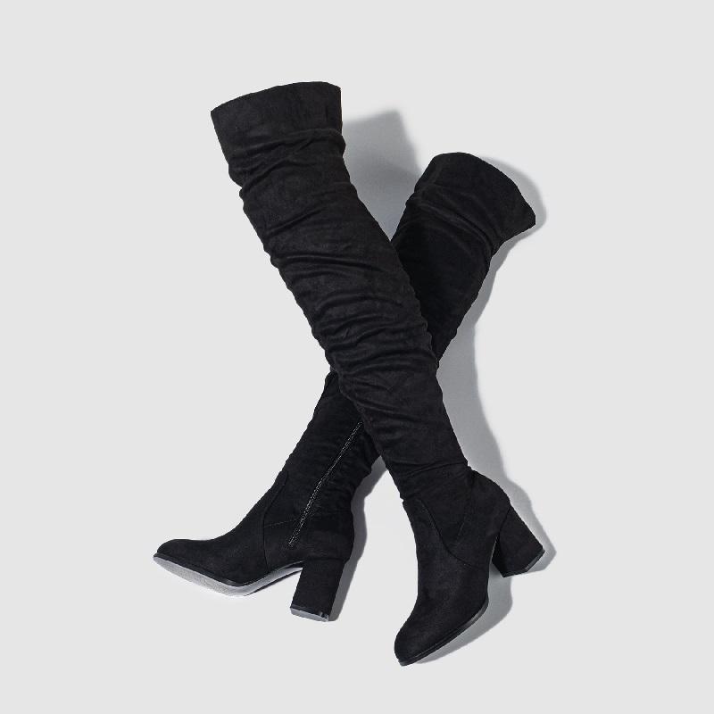 Зимние сапоги-ботфорты на молнии для женщин модные флоковые туфли на квадратном каблуке высокие до бедра длинные боты для женщин 39 5279₽