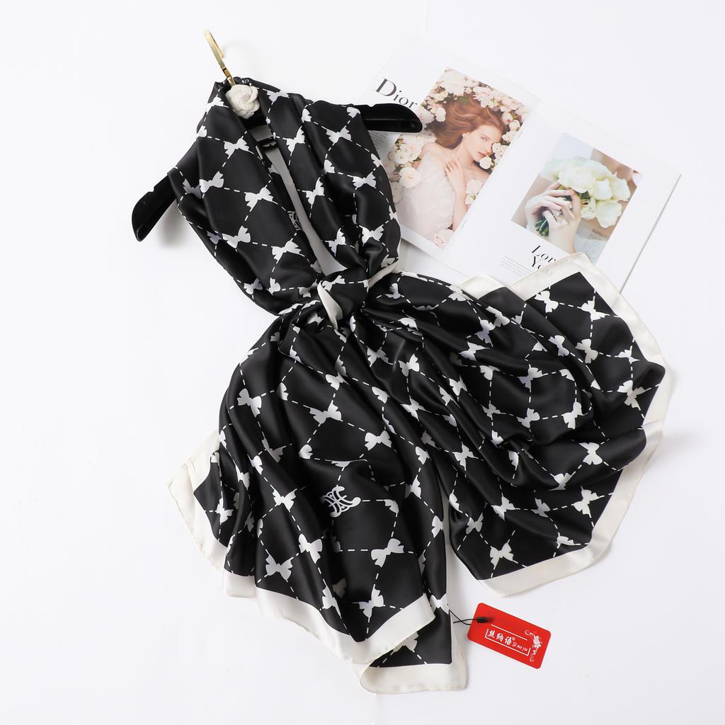 Fresh Black and White Bow Print Scarf Spring and Summer Thin Silk Scarf Air-conditioning Room Outside the Big Shawl Scarf