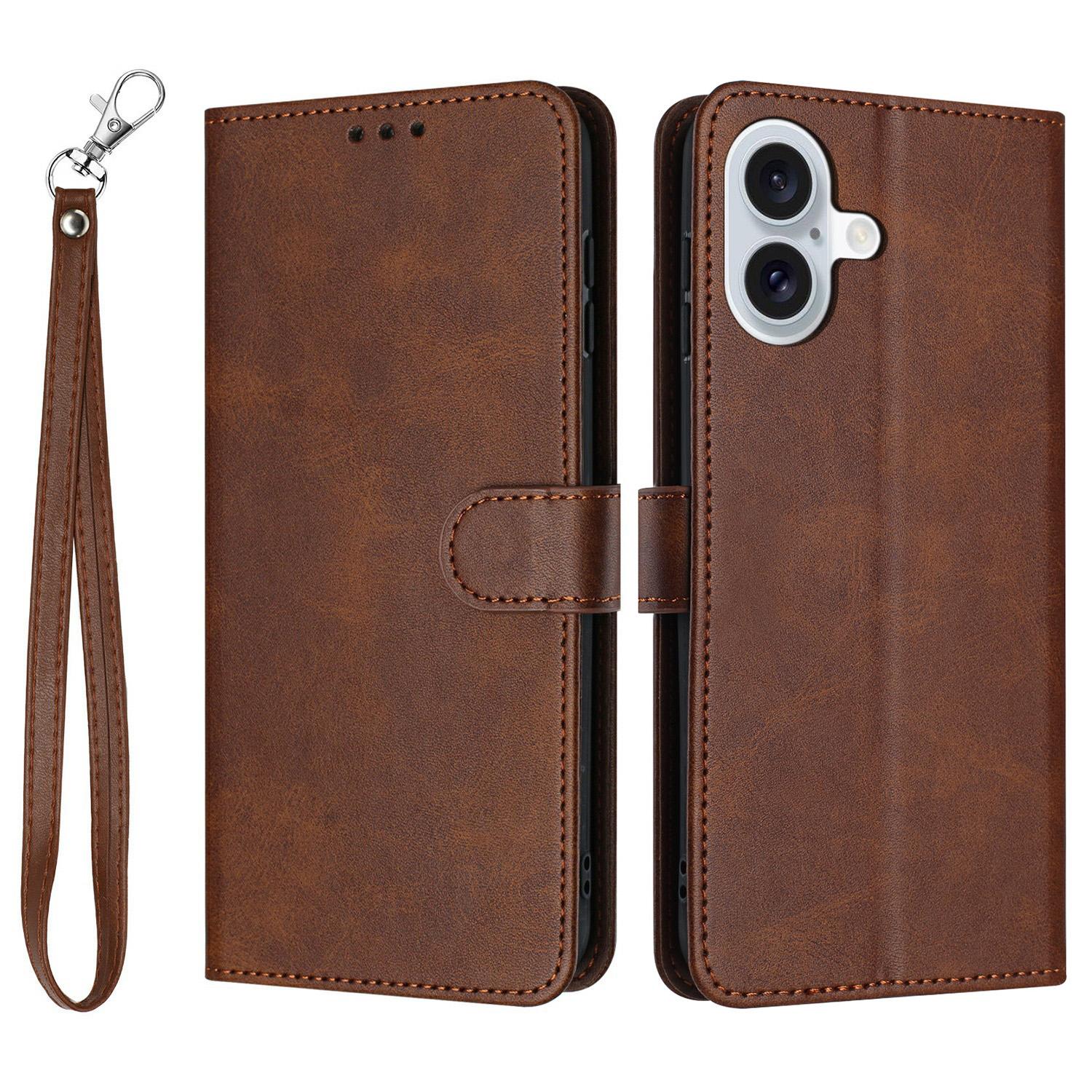 

For iPhone 17 Case Flip Stand Calf Texture PU Leather Wallet Phone Cover with Strap Brown