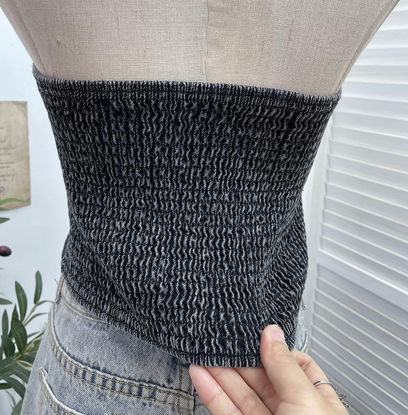 Women's Halter V-Neck Denim Vest: Body-Hugging, Elastic Back, Short, Sleeveless Top. Style 830.