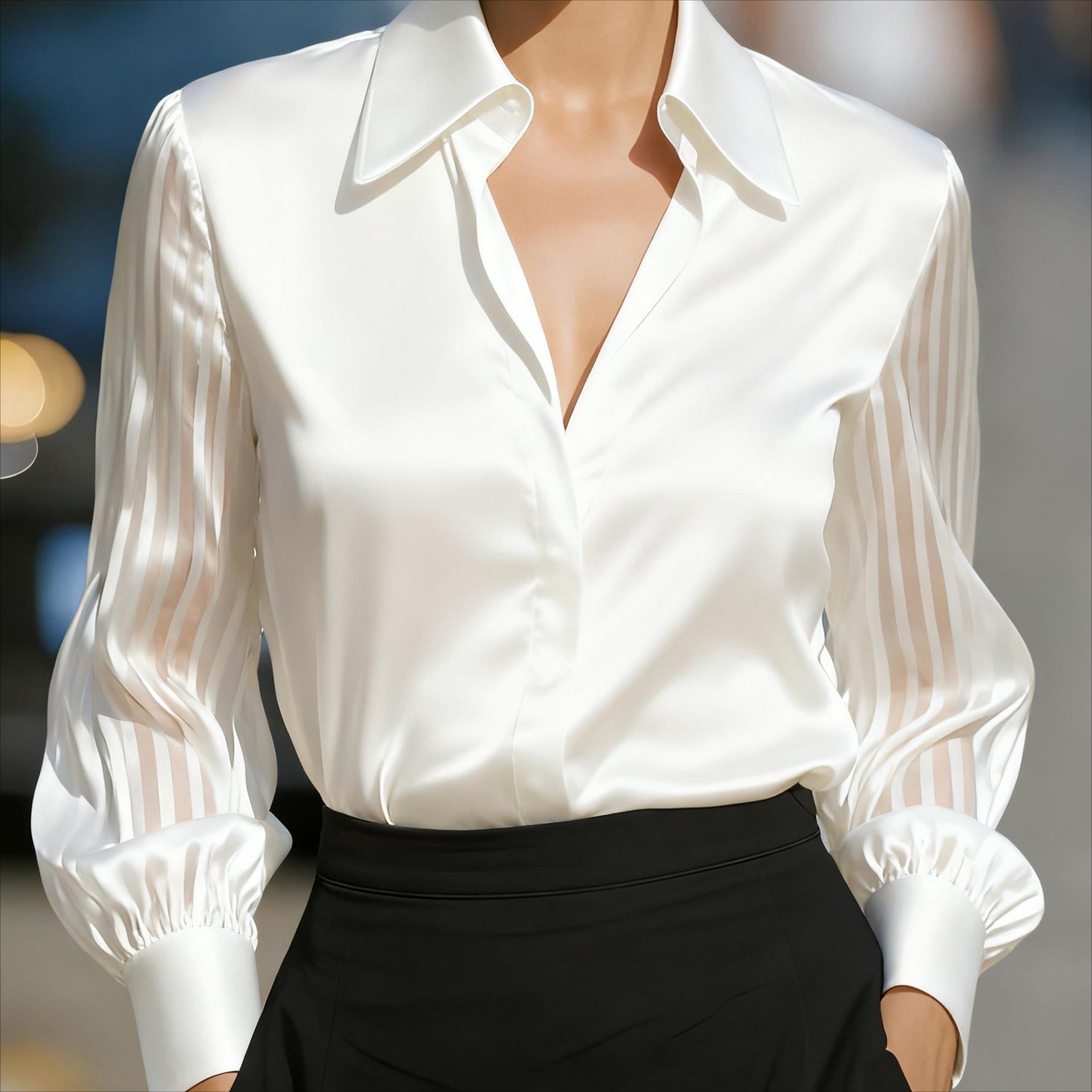 

Весна Осінь Нове Надходження Однотонні Атласні Сорочки з Довгим Рукавом Жіночий Одяг S білий