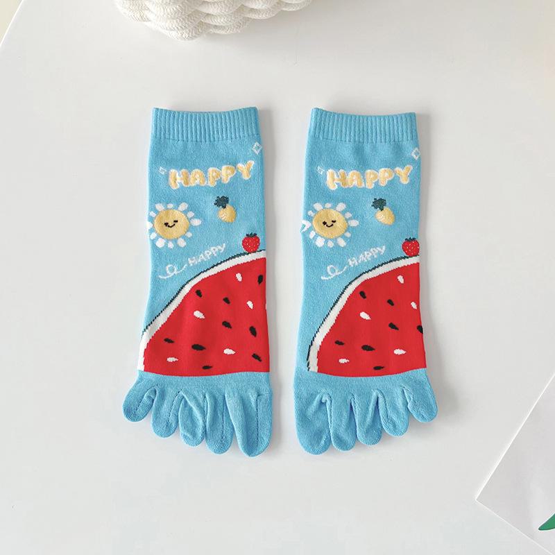 Women's Cute Cartoon Five-Toe Cotton Socks - Breathable, Sweat-Absorbent, Anti-Fungal, Ideal for Spring/Summer, Mid-Tube Length
