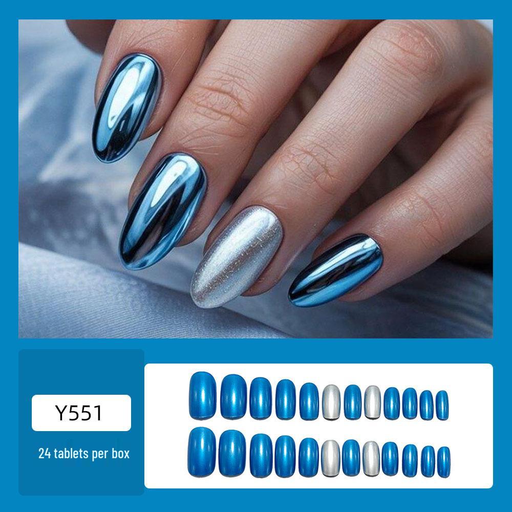 Стильные овальные синие глянцевые съемные типсы для ногтей средней длины