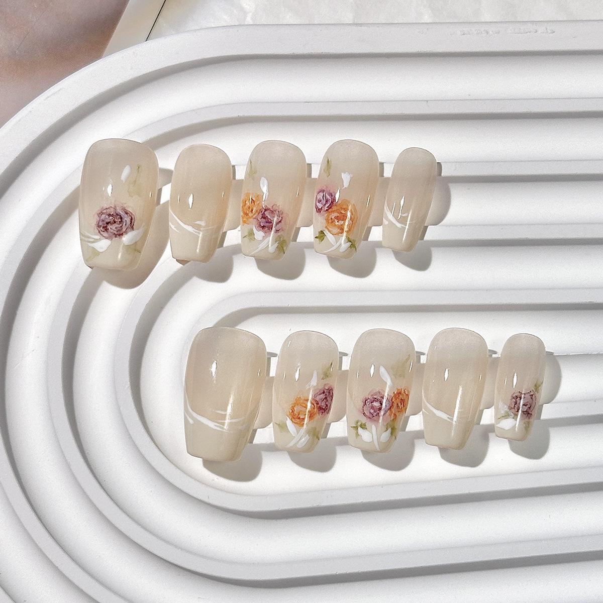 

Handmade Short Oval Wearable Nails with Hand-Painted Rose Flowers