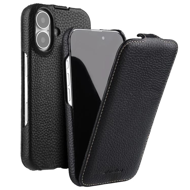 

For iPhone 16 Plus Case Vertical Flip Genuine Cow Leather+PC Shockproof Cover - Black