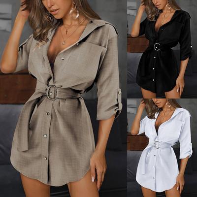 Casual Shirt Kleider Frauen Sommer Herbst Sexy Kleid Büro Kleid Tasten Drehen-unten Langarm Bandage Elegante Kleider