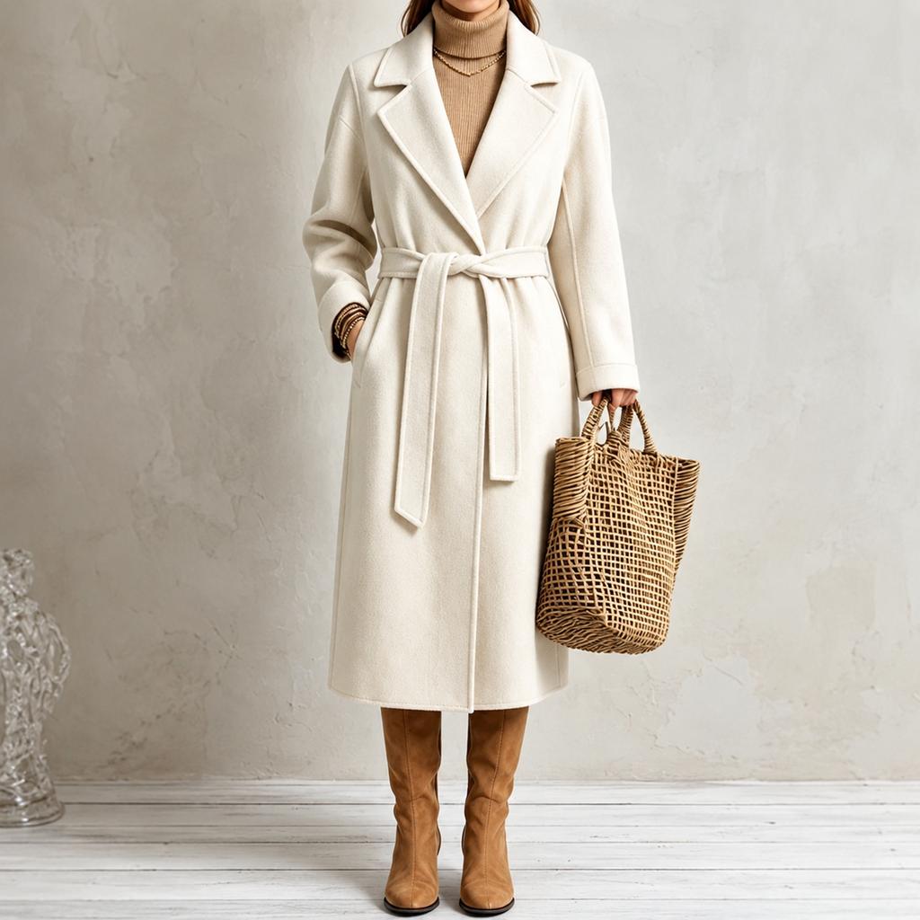 Lange dameswollen jas met gekerfde revers voor herfst en winter, zakelijke casual kleding