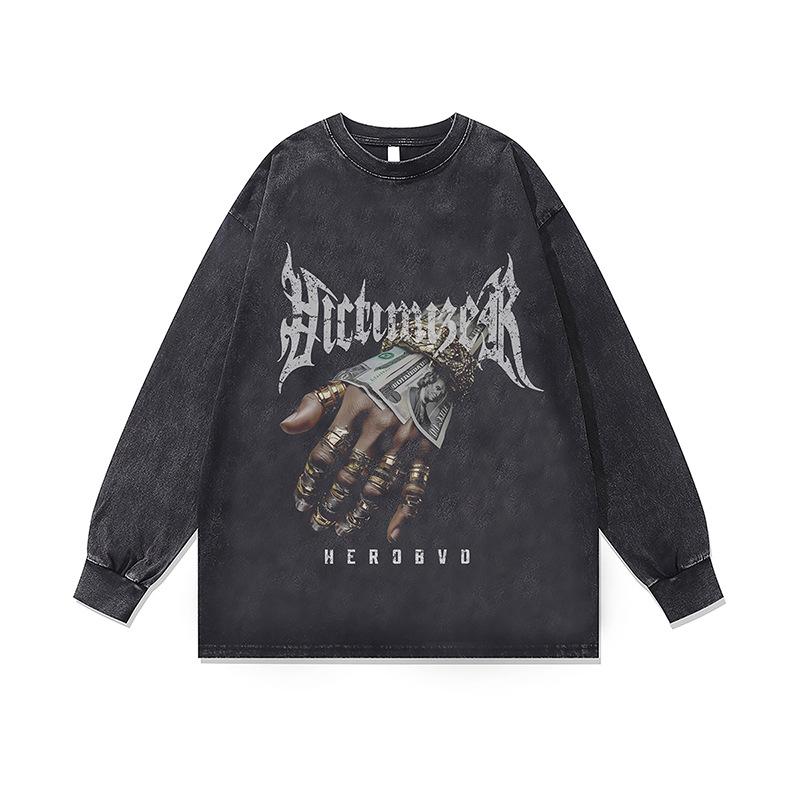 American Retro Digital Direct Injection Printing Bottoming Shirt Top Hip-Hop Pure Cotton Washed Loose Long-Sleeved T-Shirt Men