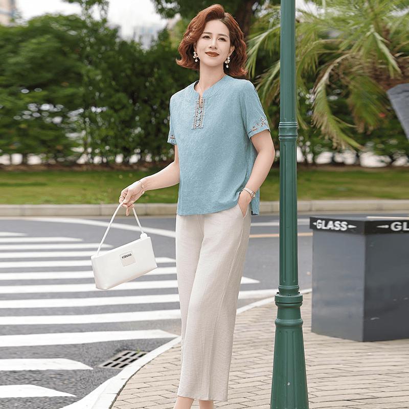 Yuzhaolin Women's Elegant Embroidered Short Sleeve Top