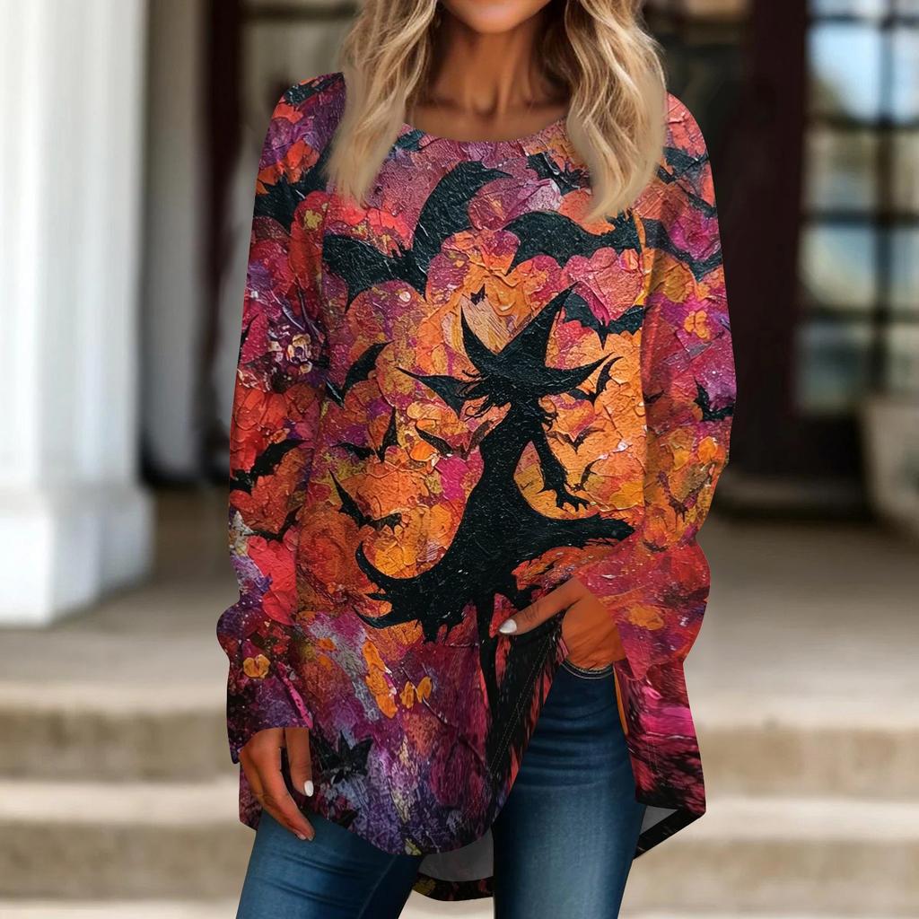 Women's Loose Fit Neck Halloween Print Long Sleeve Tunic Top