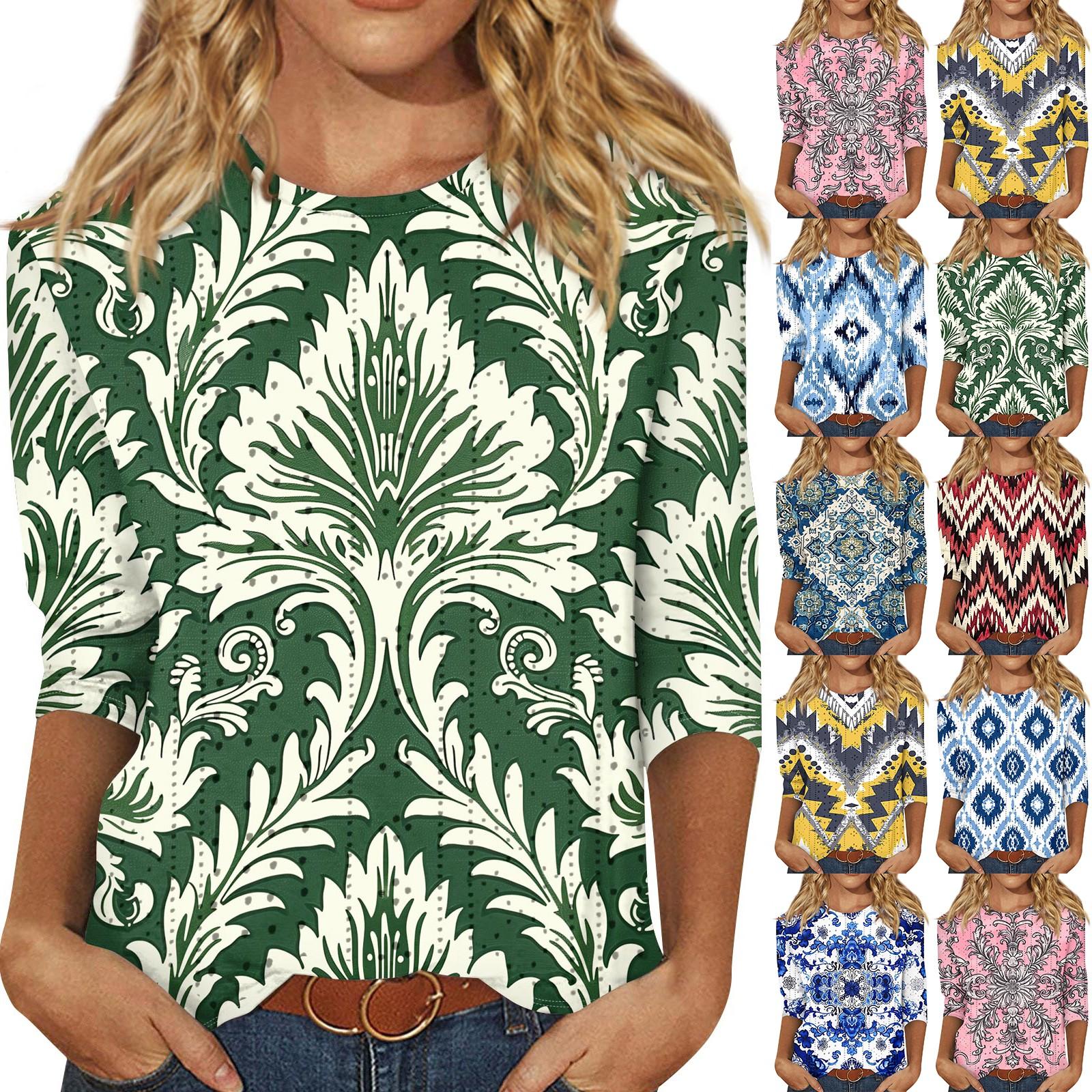 

Женская классическая рубашка с принтом в стиле ретро с рукавами три четверти, свободная повседневная футболка с круглым вырезом