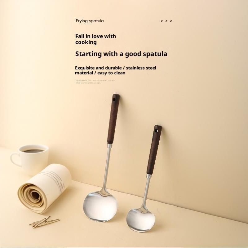 Stainless Steel Cooking Utensil Ergonomic Non-slip Wooden Handle Food Safe Cookware for Home Kitchen Student Dorm Use