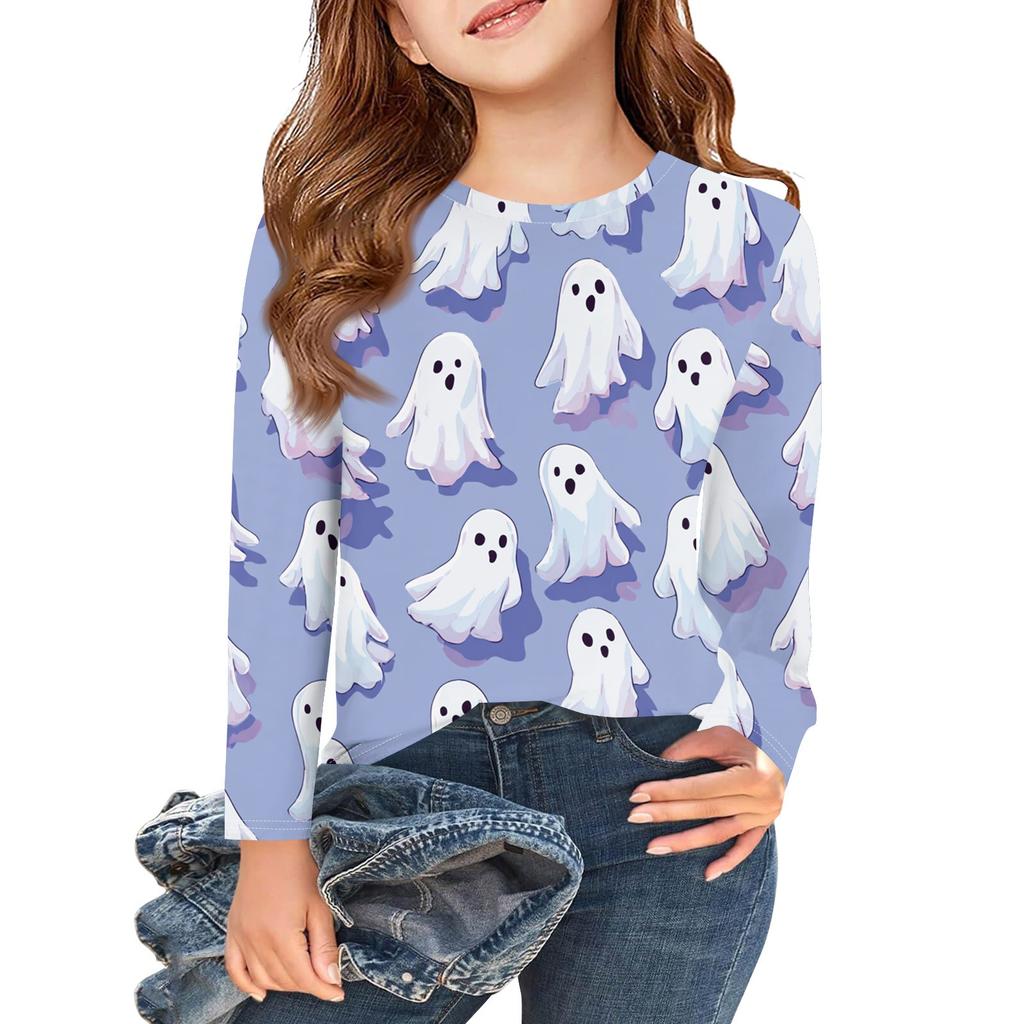 Mädchen Langarm T-Shirts Kinder Herbst Tops Rundhalsausschnitt Halloween Bedruckt Basic Tees 3-9J