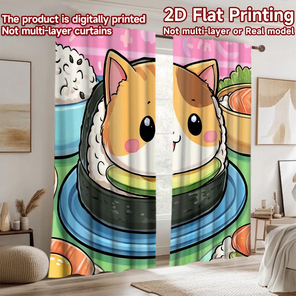 2D flat printing 2pcs Drapes Cute Cat Sushi Digital Printed Polyester Drapes Festive Curtains Use for Indoor Celebrations for