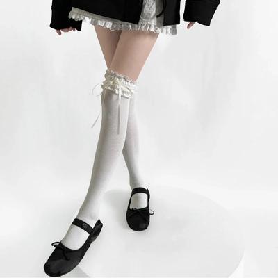Süße Mädchen Lange Socken Strümpfe Damen Bandage Schleife Kniehohe Socken Oberschenkelhohe Strümpfe Lolita Spitze Rüschen Socken Strumpf