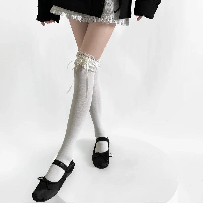 Sweet Girls Long Socks Stockings Women Bandage Ribbon Bow Knee High Socks Thigh High Stockings Lolita Lace Ruffle Socks Stocking