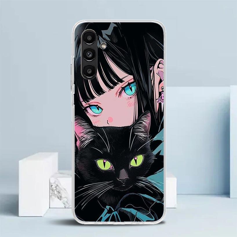 Anime Girls Cute Black Cat Phone Case For Samsung Galaxy A17 A37 A57 A16 A15 A14 A13 A56 A55 A54 A53 A36 A35 A34 A33 A26 A25 A24