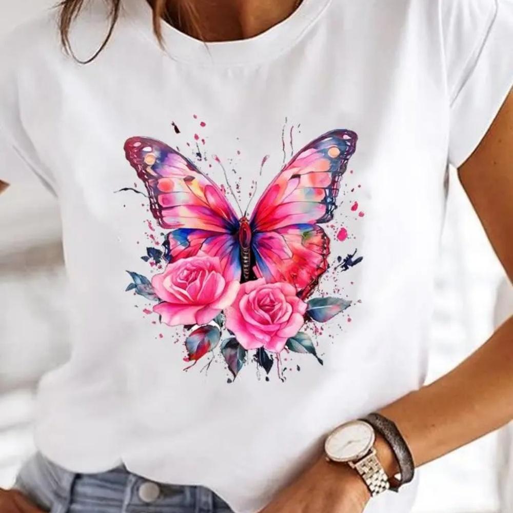 Butterfly Trend 90s Casual Top Clothes Female Short Sleeve Print Tshirts Fashion Oneck T Clothing for Women Graphic Tee