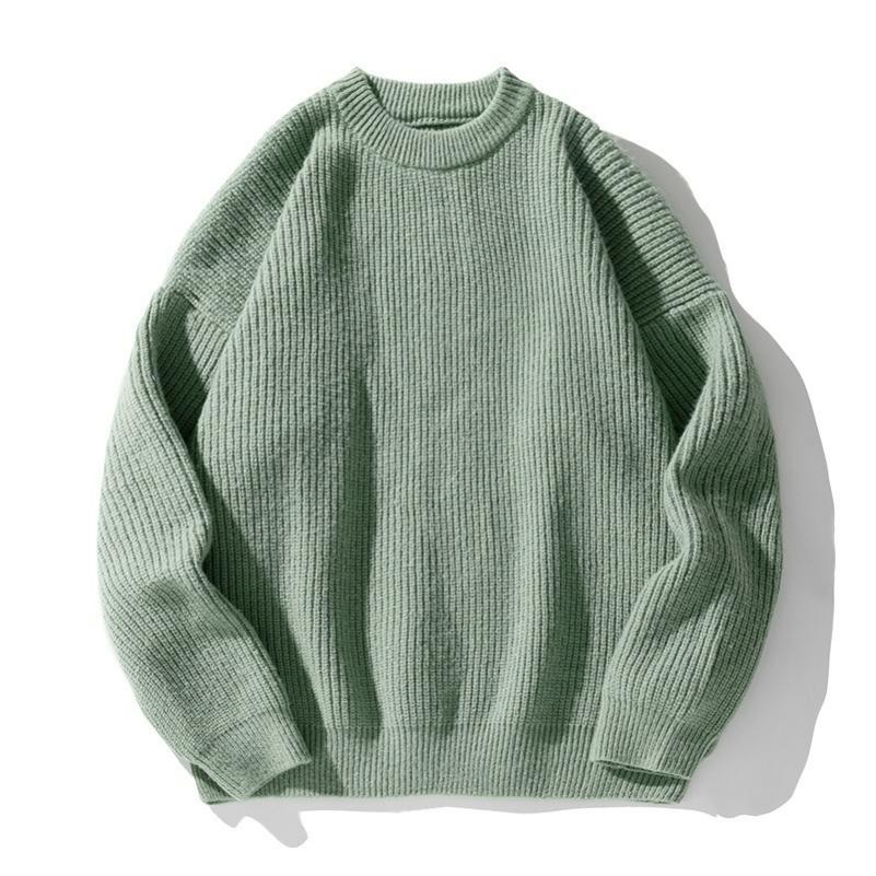 Solid Color Lazy Style Thick Needle Heavy Round Neck Sweater Men's Autumn and Winter Trendy Brand Retro Sweater Loose Casual Jacket