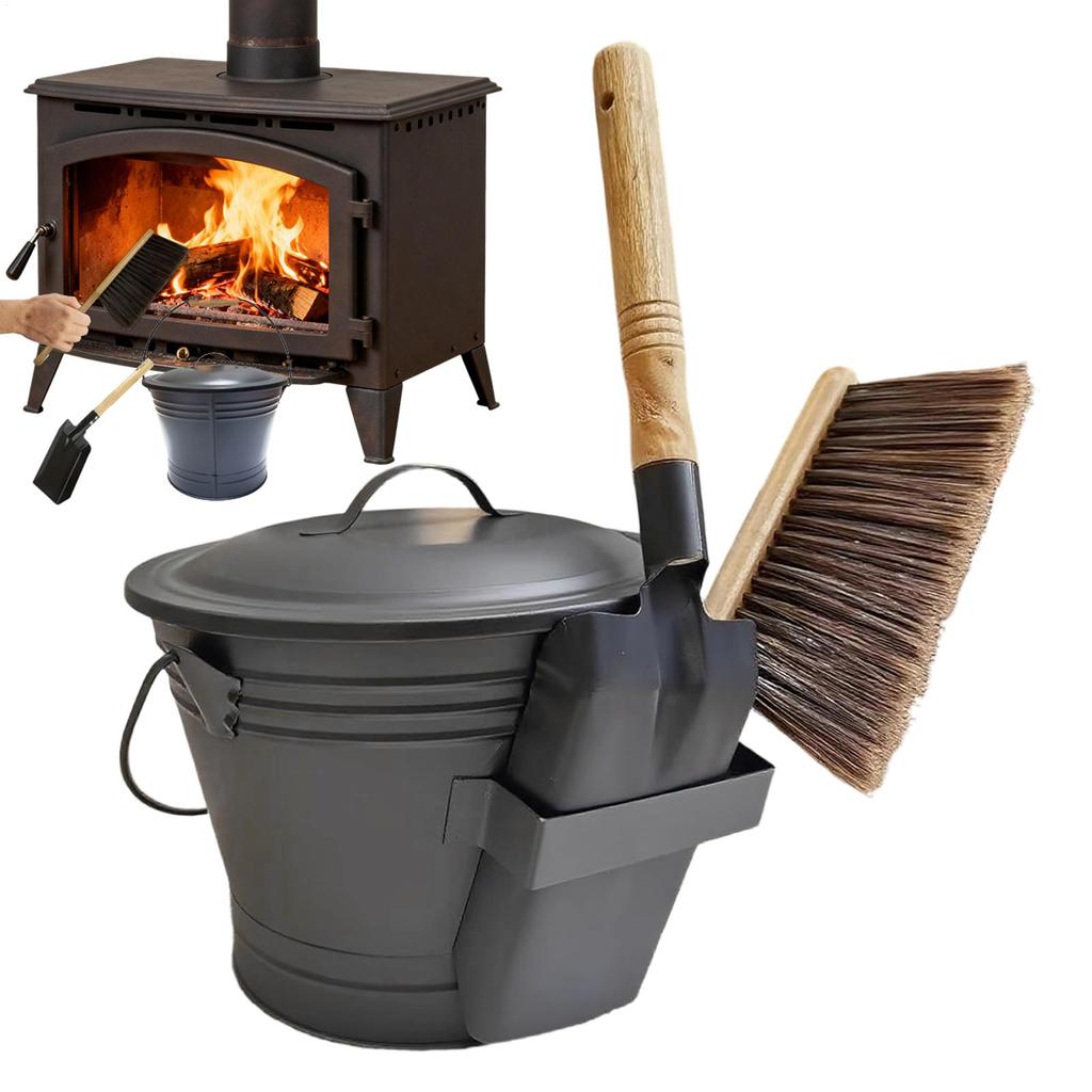 Wall-Mounted Furnace Ash Bucket Set Metal Container Ash Pail With Lid Shovel Broom For Fireplace Outdoor Indoor Patio Garden
