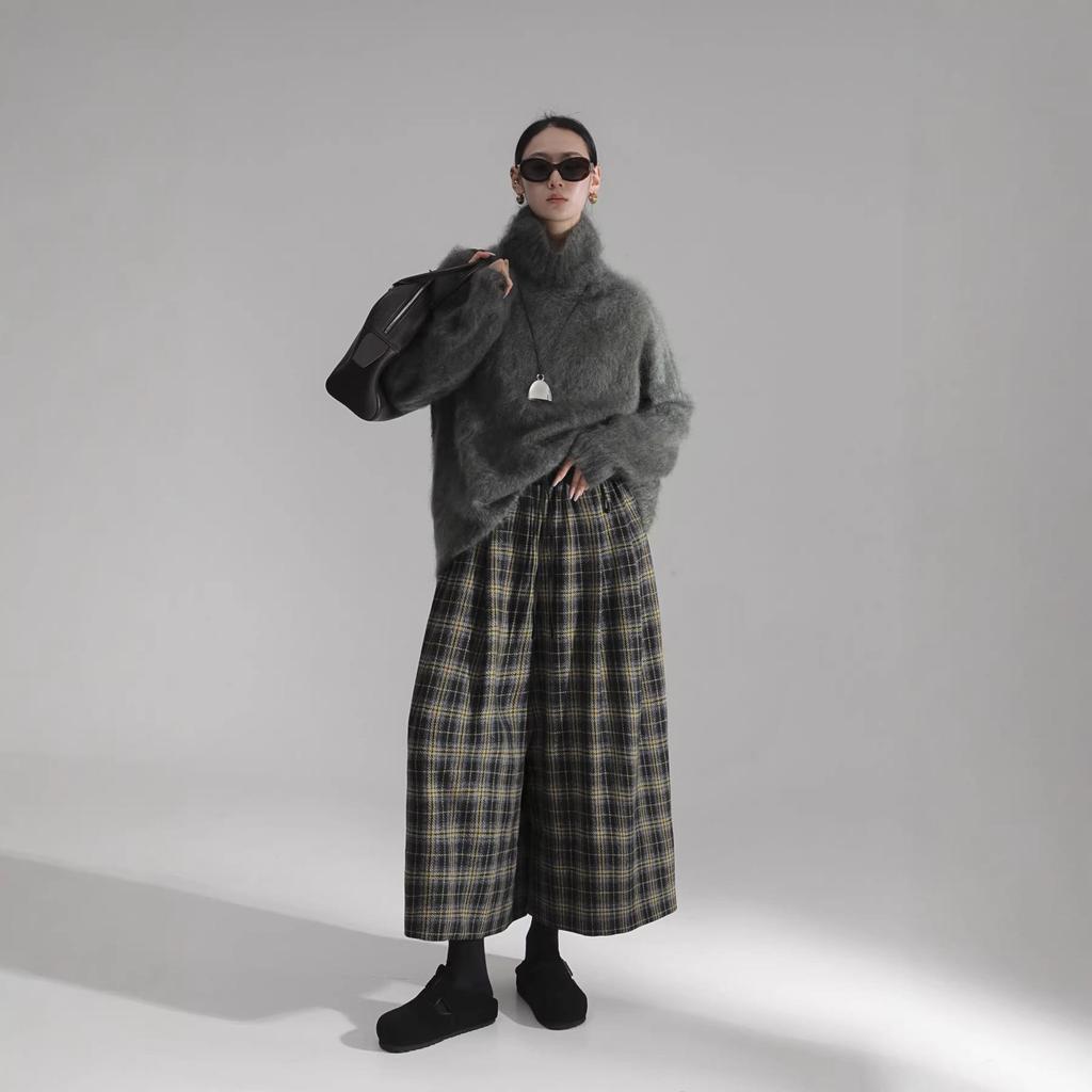 Neo-Modern Plaid Wide-Leg Wool Skirt-Pants for Women