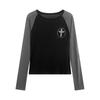 Women's Retro Color Block Crew Neck Long Sleeve Cross Print T-shirt for Autumn/Winter