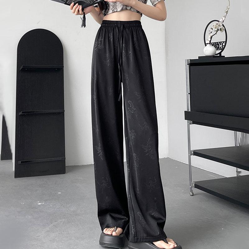 Women's Summer Thin Ice Silk Wide Leg Pants Casual Satin Chinese Style Trousers