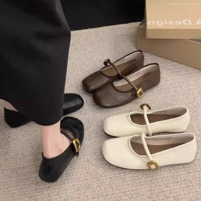 Kadın Mary Janes Ayakkabılar Yeni Tasarımcı Tokalı Askılı Babetler Kare Burunlu Deri Yumuşak Kadın Ayakkabıları Siyah Babetler Zapatos Mujer
