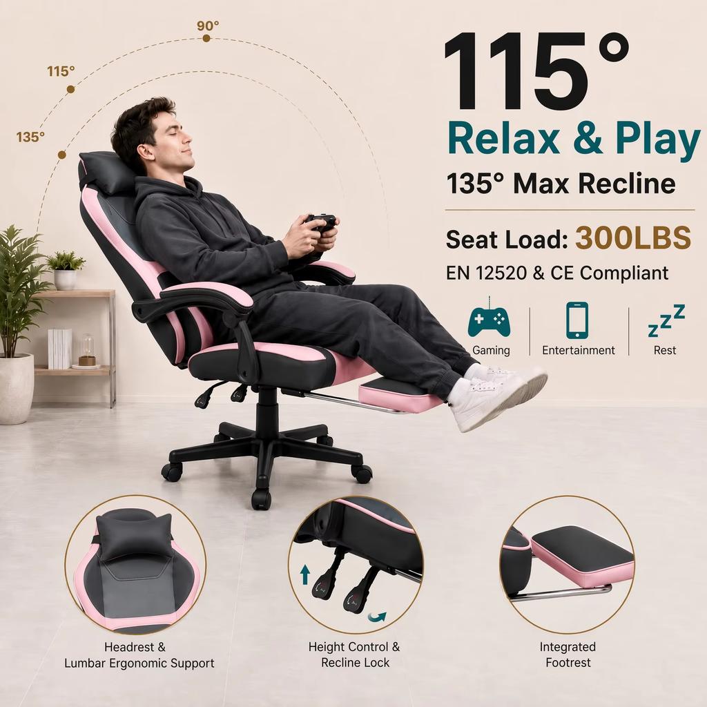 Ergonomická herní židle v Kawaii stylu (Růžová a Černá) s výsuvnou opěrkou nohou a bederní opěrkou – Všestranné pro domácí kancelář a relaxační přestávky.