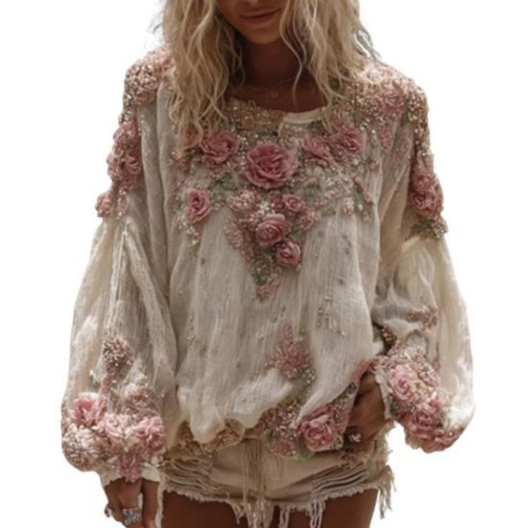 Casual Women Shirt V Neck Lantern Sleeve Loose Fit Top 3D Flower Pattern Daily Wear Long Sleeve S абрикосовый